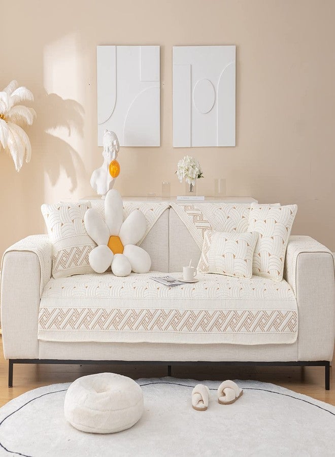 XSlive Farmhouse Cotton Quilted Sofa Cover Weave Pattern Embroidery Sectional Couch Cover Soft Nonslip Sofa Slipcover Furniture Protector Cover for Pets Kids Children Dog Cat (Ivory,28"x28") - Image 2